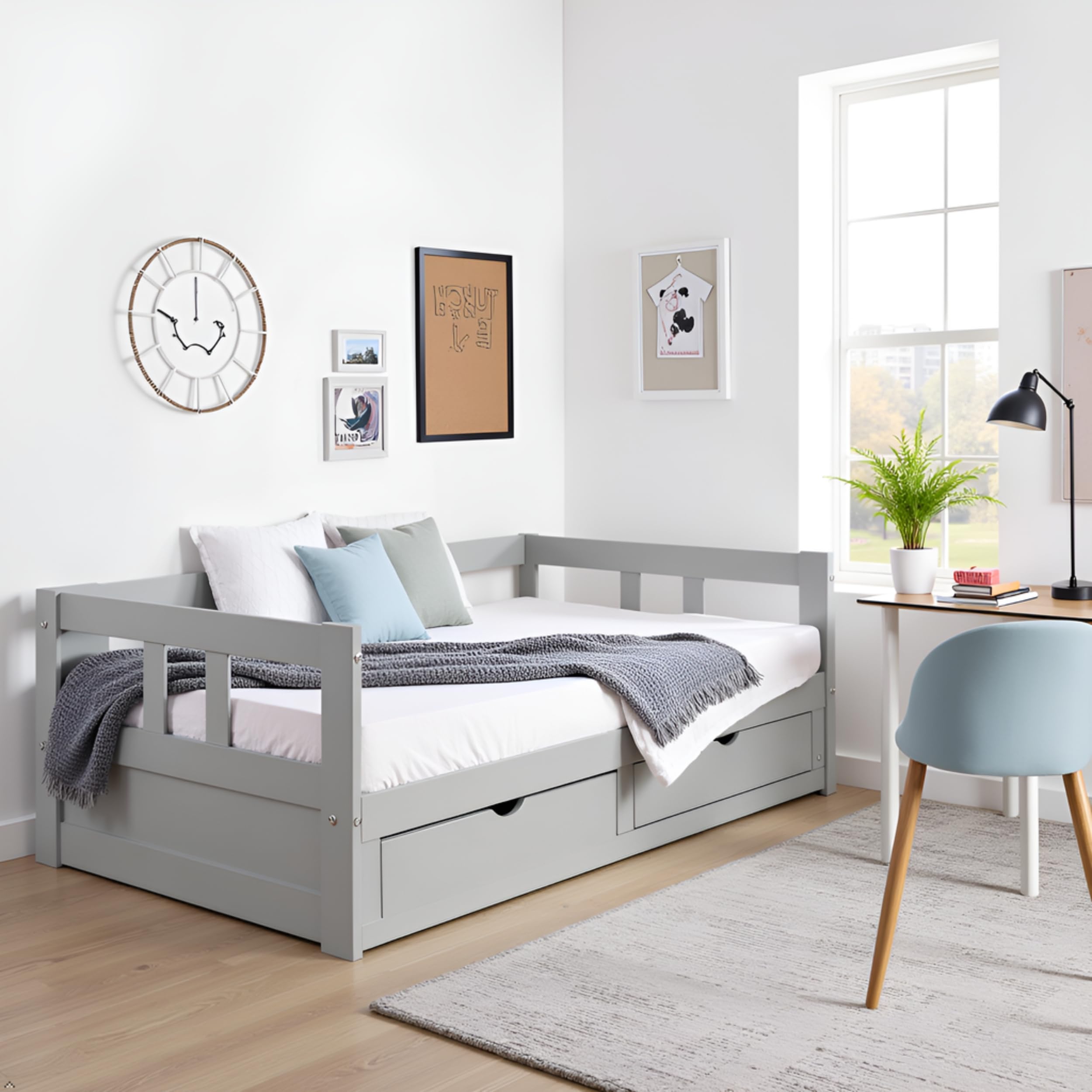 Photo 1 of ***INCOMPLETE SET/ BOX 1 OF 2*** Alaterre Furniture Melody Twin to King Extendable Daybed with Trundle and Storage Drawers – Solid Brazilian Pine Wood with 400lb Capacity for Kids, Guest, or Small Bedroom (Dove Gray)