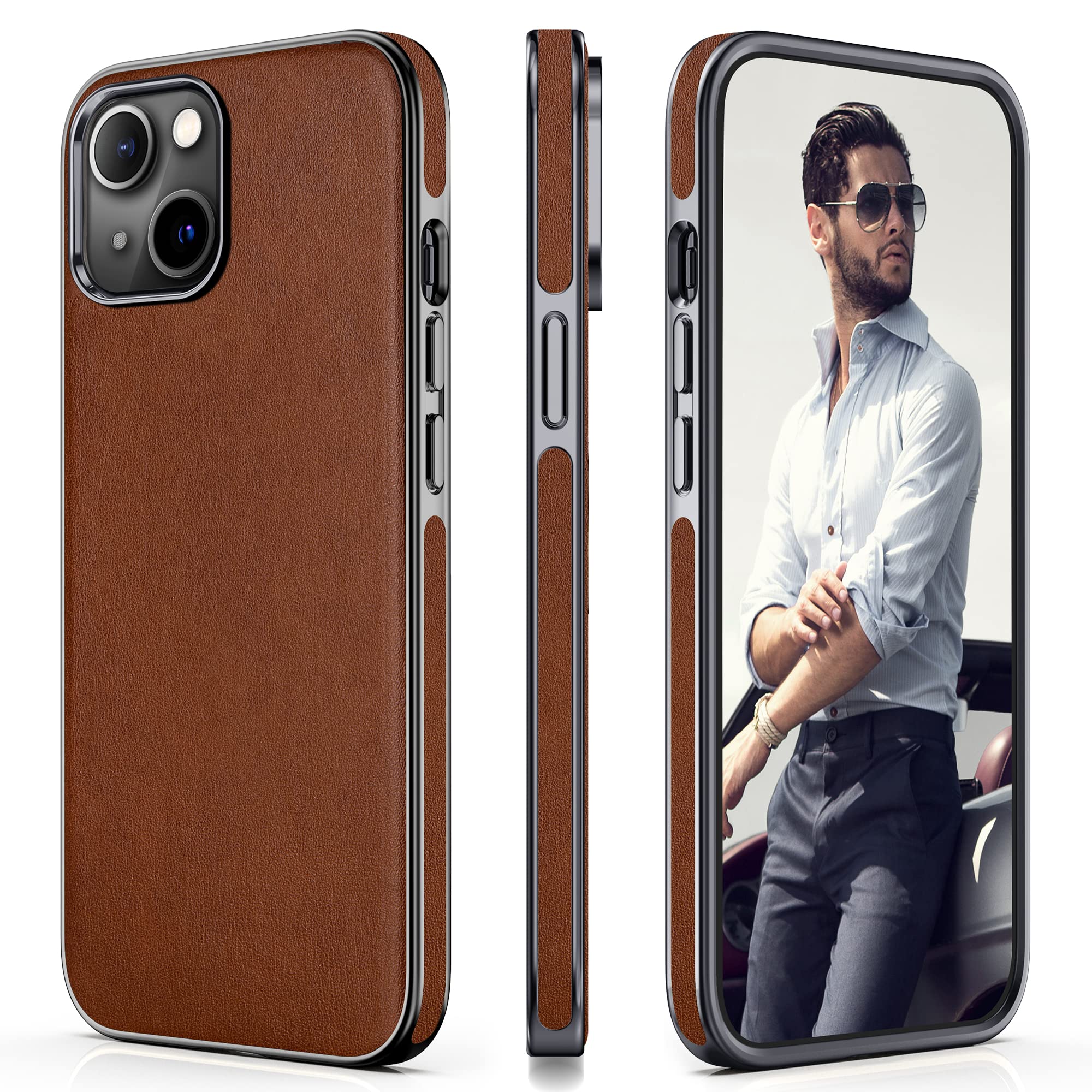 Photo 1 of LOHASIC for iPhone 13 Case Leather – Slim Thin Soft Chrome Edge Business Cover, Minimalist Classic i Phone 13 Case for Men, Designer Aesthetic Look - Brown
