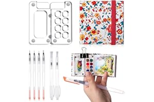 Chiisong 12 Pcs Mini Portable Watercolor Palette Set Including Acrylic 8 Grid Paint Box Watercolor Paper Pad Sketchbook 6 Paint Brushes 4 Binder Clips for Painters Artists Students(Blossoms)