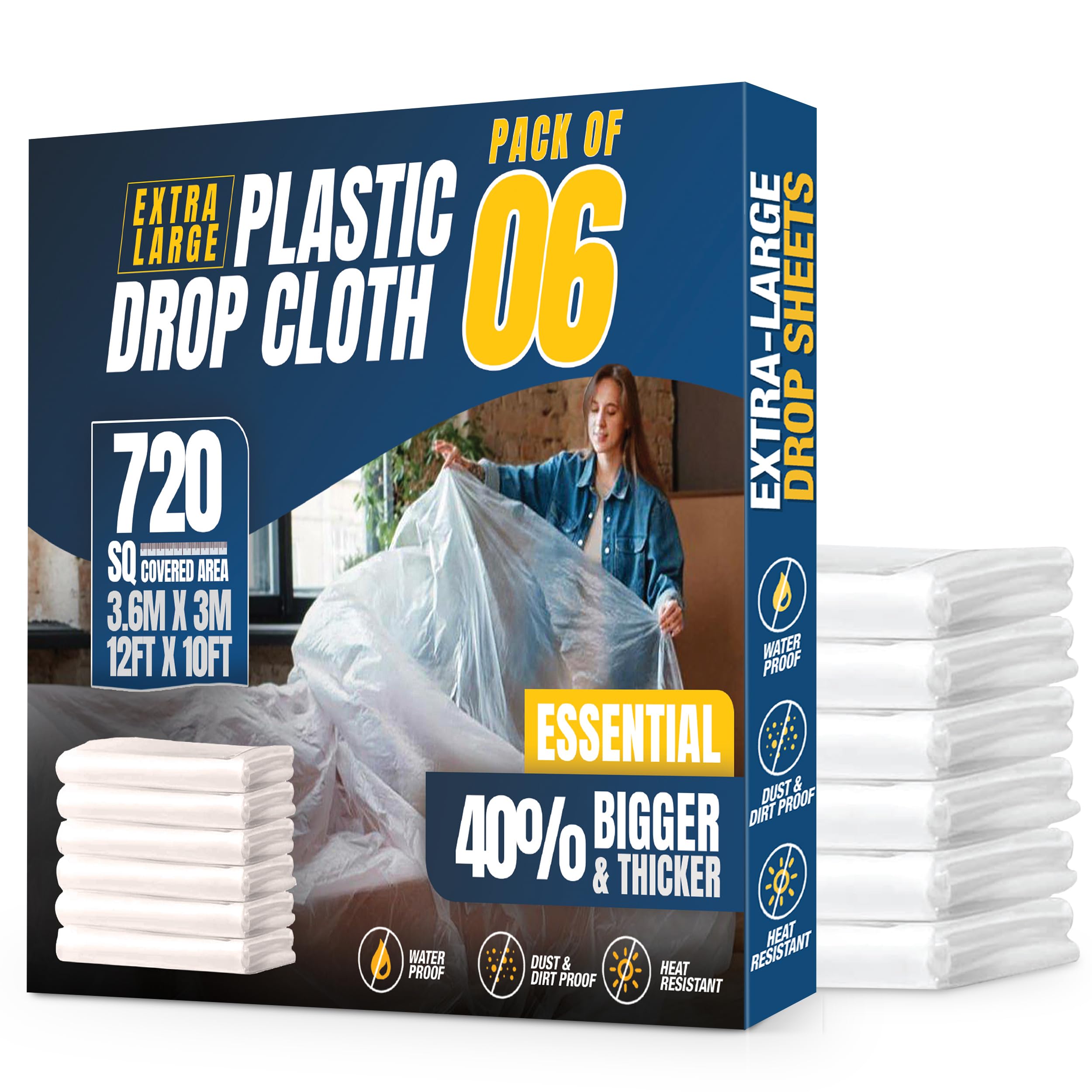 Photo 1 of Haxdon 12 x 10 FT 6 Pack Extra Large Painter's Drop Cloth - Durable Dust Cover - Clear Plastic Sheet - Paint Drop Cloth
