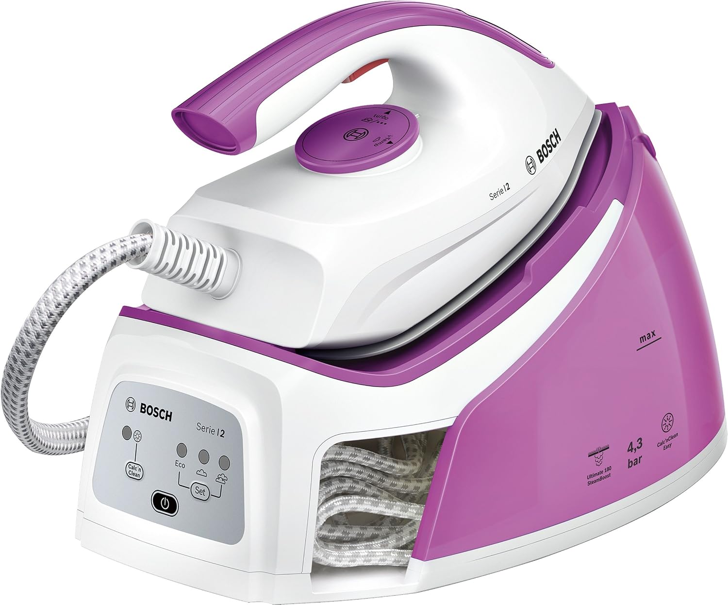 Bosch TDS2110 Serie 2 Centro de Planchado con Autonomía Ilimitada, 180 g de Supervapor, Funciones Itemp y ECO, 2400 W, 1.5 Litros, Blanco y Rosa