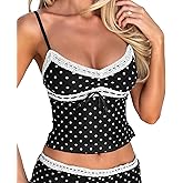BAIGRAM Women Y2K Lace Trim Polka Dot Mesh Crop Cami Tank Sleeveless V Neck Slim Fit Tie Up Bow Ruched Lingerie Top Going Out
