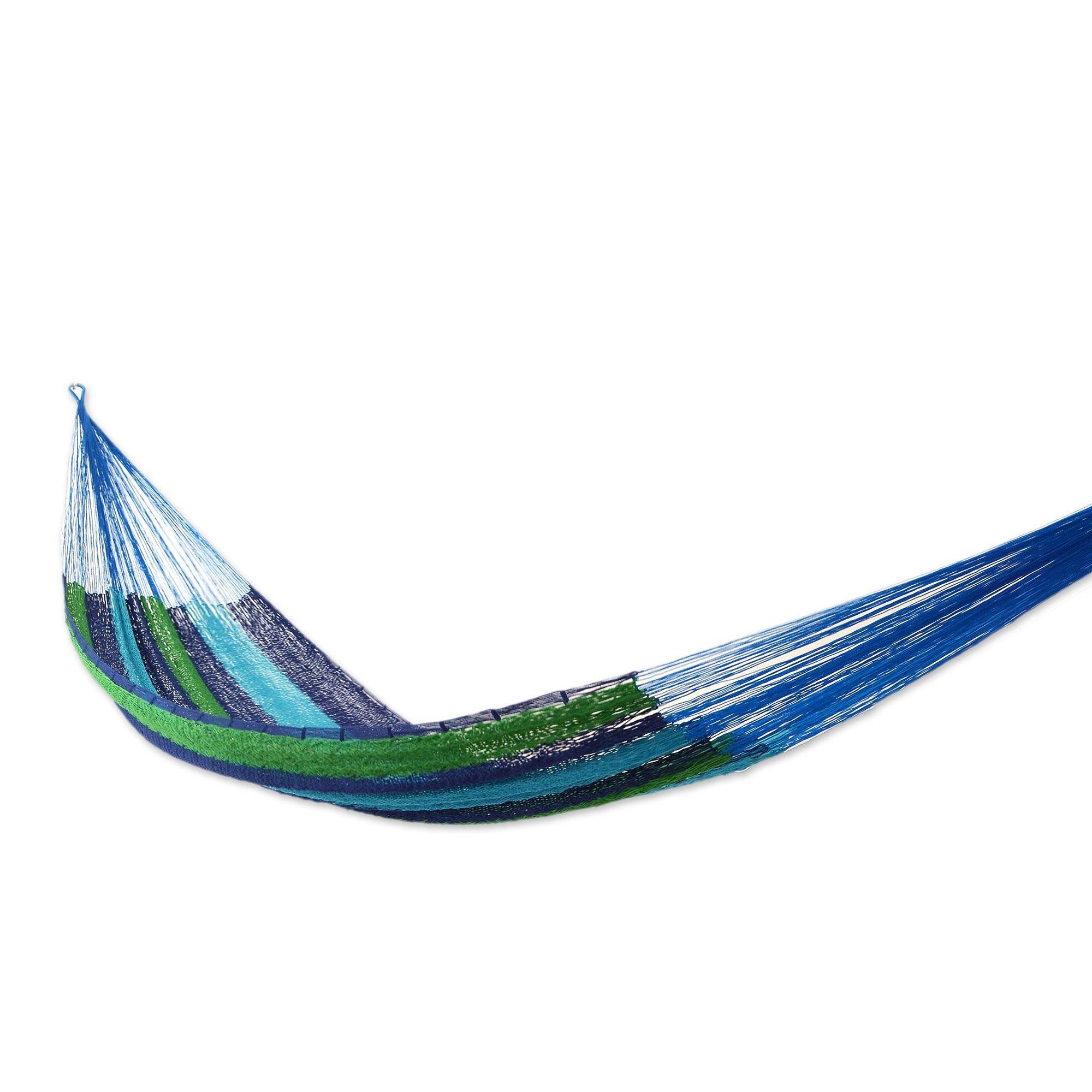 NOVICA Bright Green And Blue Striped Hand Woven Cotton Mayan 1 Person Rope Hammock, 'Ocean Dreams' (Single)