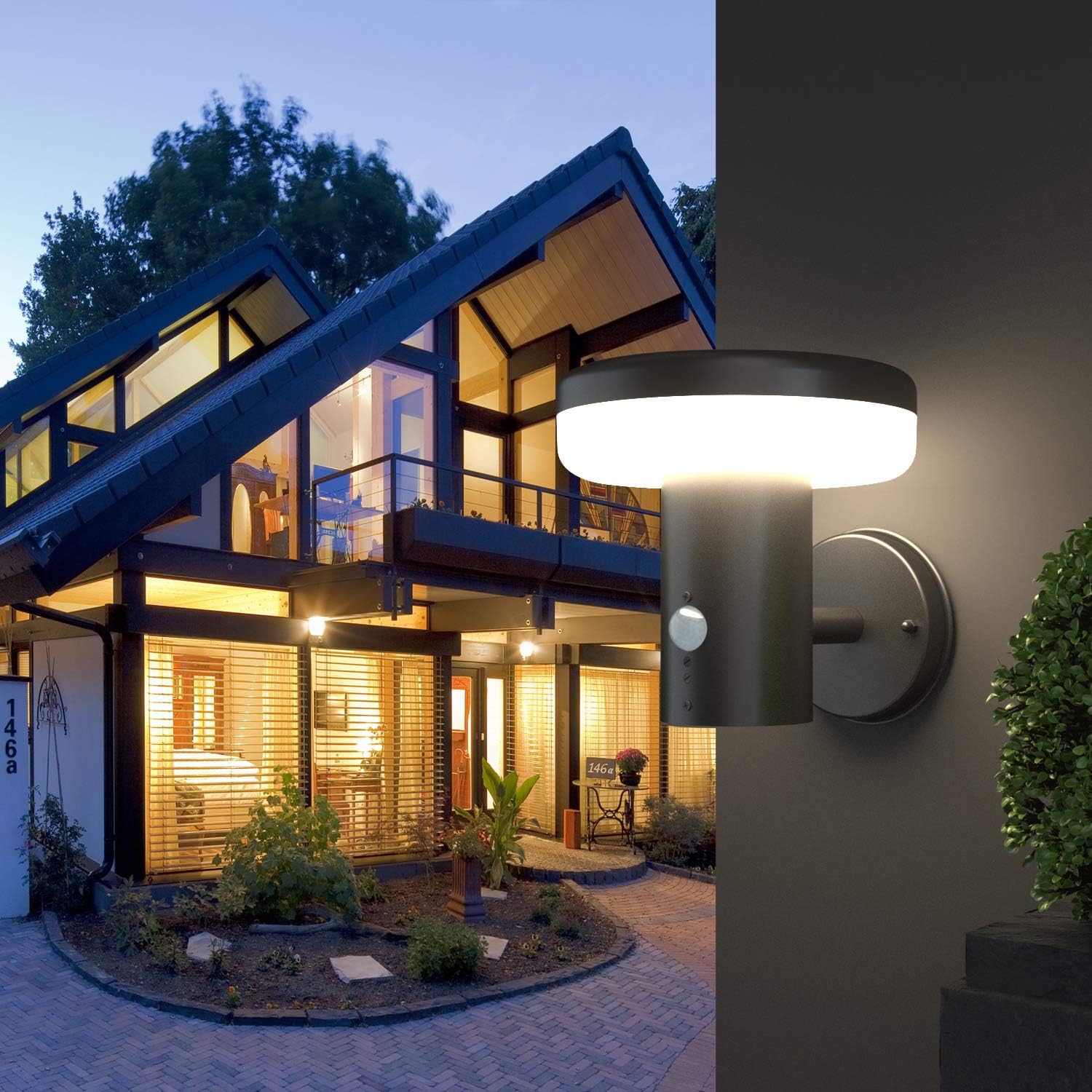 NBHANYUAN Lighting LED Outdoor Wall Light Fixtures with Motion Sensor Outside Lights Stainless Steel Black Finish Weatherproof 3000K Warm Light Front Door Porch Light 110V 1000LM (A+) - - 