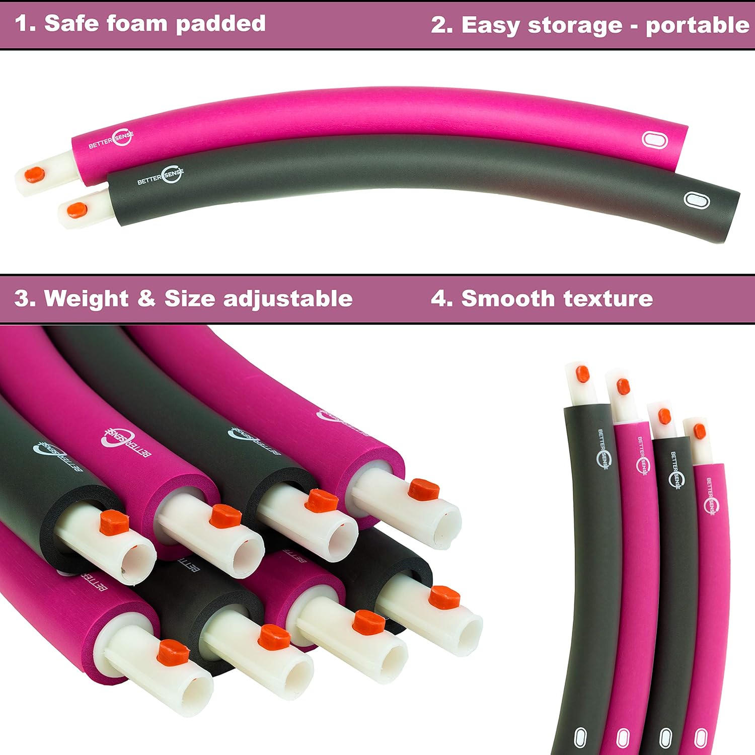 Better Sense Hoola Hoop for Adults - 8 Section Detachable Hoola Hoops, 2lb Weighted Hoola Hoop for Exercise - Portable Smooth & Soft Padding Weighted Hula Hoop with Jump Rope & Resistance Band: Toys & Games