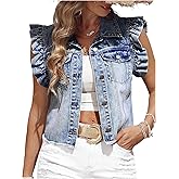 SOLY HUX Women's Denim Jacket Ruffle Cap Sleeve Button Down Trendy Crop Jean Jackets Coat