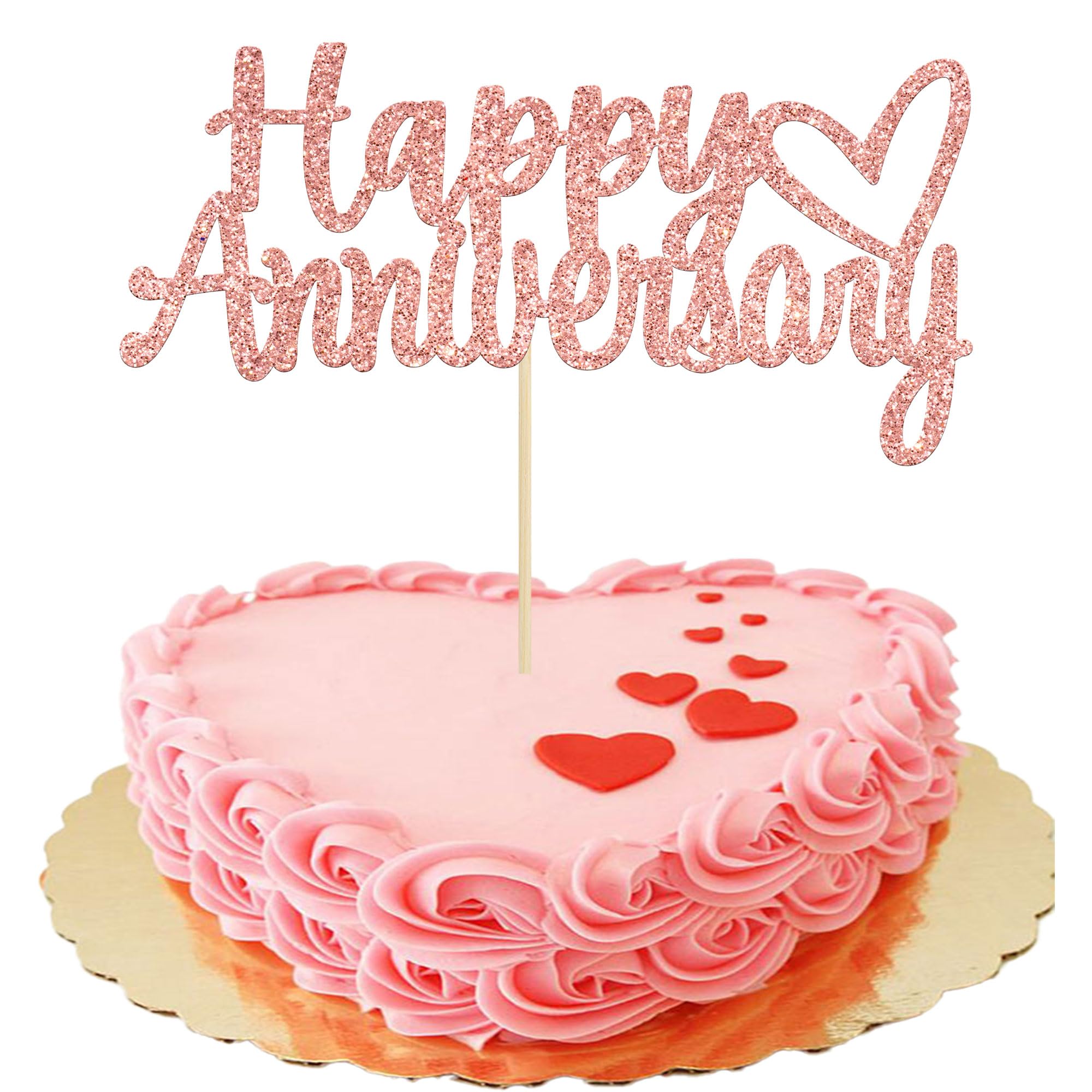 Gyufise Rose Gold Glitter Happy Anniversary Cake Topper - Wedding & Birthday Party Decoration Supplies