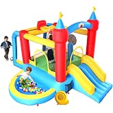 WELLFUNTIME Inflatable Bounce House with Blower, 9 in 1 Kids Bouncer | Ball Pit, Basketball Hoop, Soccer Goal, Dart Target, Jumping Castle for Ages 3-10, Backyard Outdoor, 145x102x85 Inch
