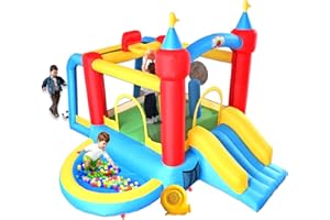 WELLFUNTIME Inflatable Bounce House with Slide, Jumping Castle with Blower and Wave Pool, Basketball Rim, Football Goal