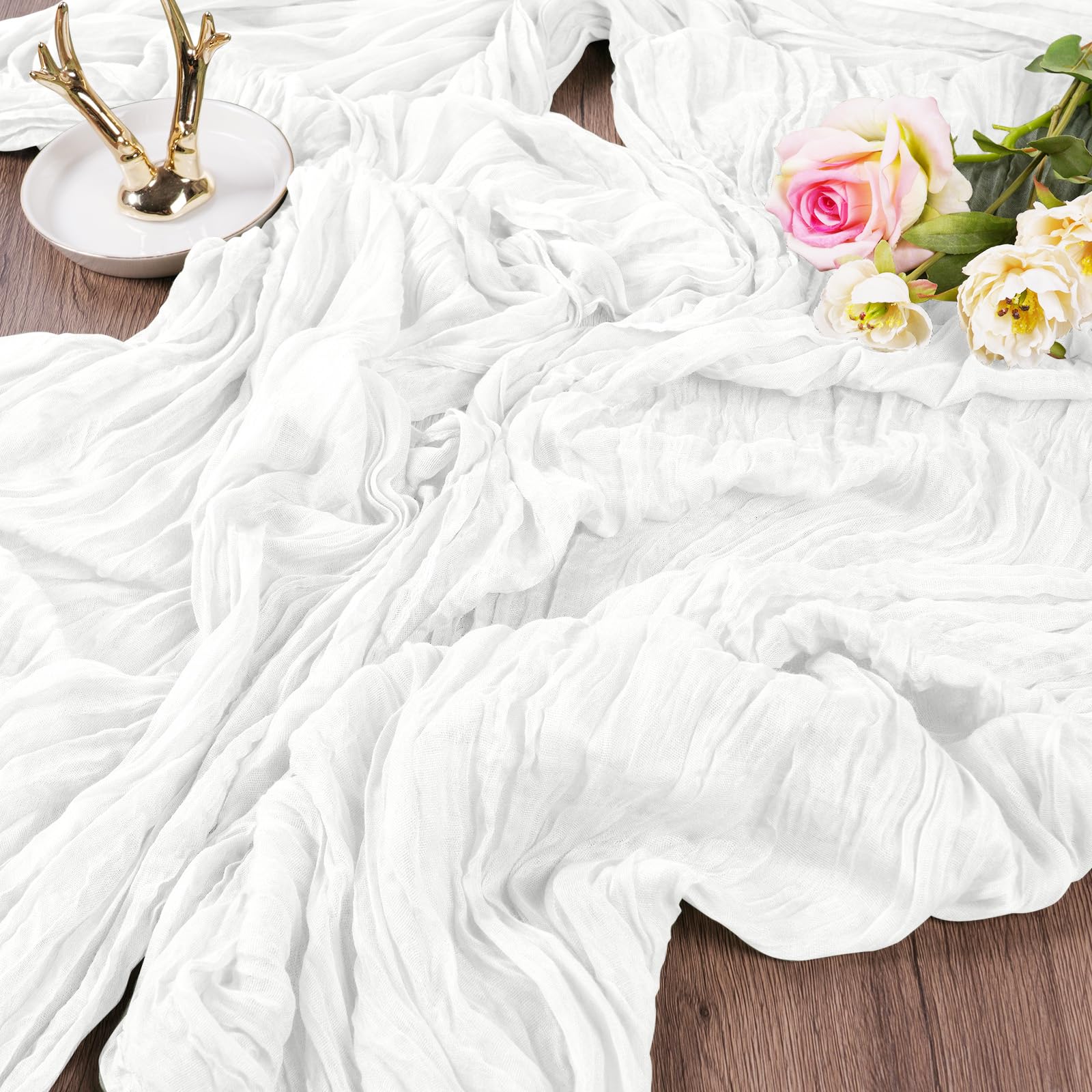 AUAUY 2 Pack Boho Gauze Fabric Table Runner, 90x300cm White Rustic Cheese Cloth for Baby Shower Decoration Wedding Holiday Party Summer