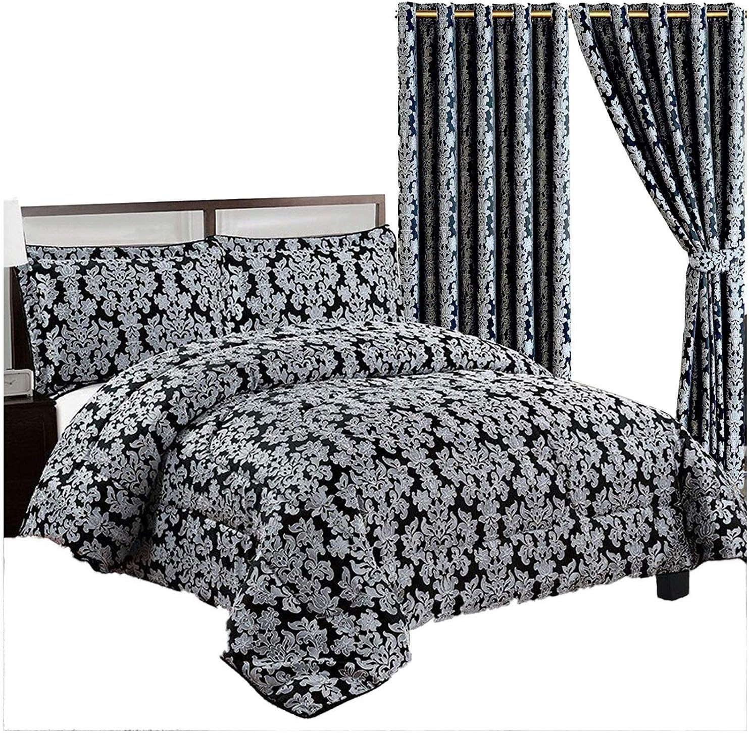 Super Luxury 3pc Jacquard Quilted Bedspread Comforter Throw Set (Super King, Diana Black)