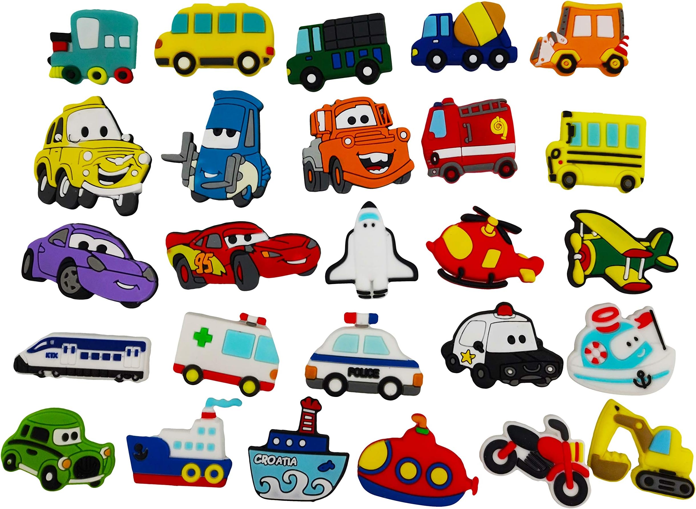 Wolpark 26pcs Different Large Transportation Shoe Decoration Charms for Crocs & Bracelet Wristband for Kids Boys Girls Gifts Party