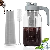 Cold Brew Coffee Maker Pitcher,64 Oz Heavy Duty Glass Mason Jar Pitcher with V-shaped Pour Spout Handle Lid,Stainless Steel Filter for Iced Coffee,Iced tea,Fruit Drinks,lemonade - Gray