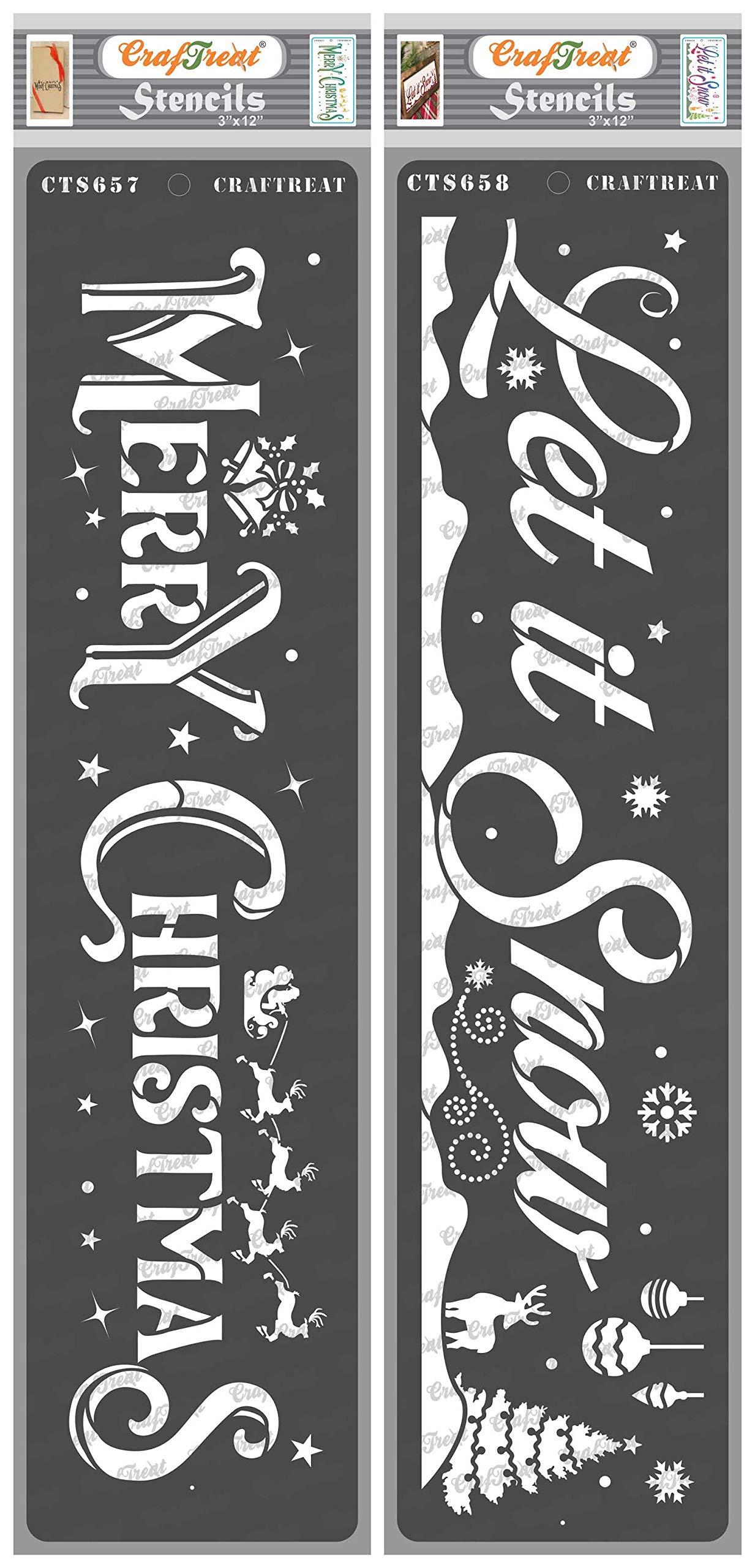 CrafTreat Reusable Christmas Stencils for Painting on Wood - Merry Christmas and Let it Snow - 3X12 Inch - 2 Pcs - Christmas Stencils for Crafts - Merry Christmas Stencil for Cards
