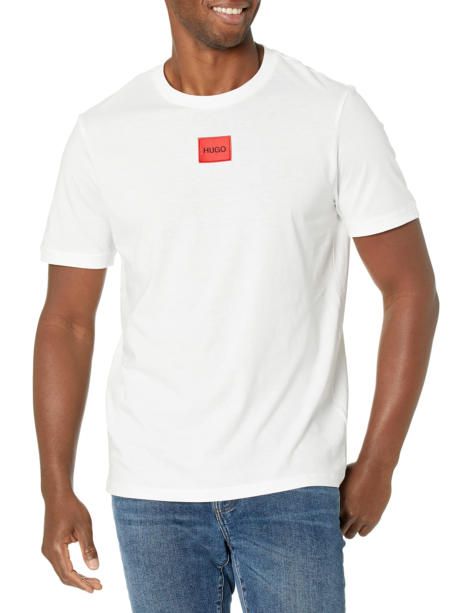 HUGO Ribbed Crew Neck Regular Fit Center Logo T-Shirt Chalk White Image