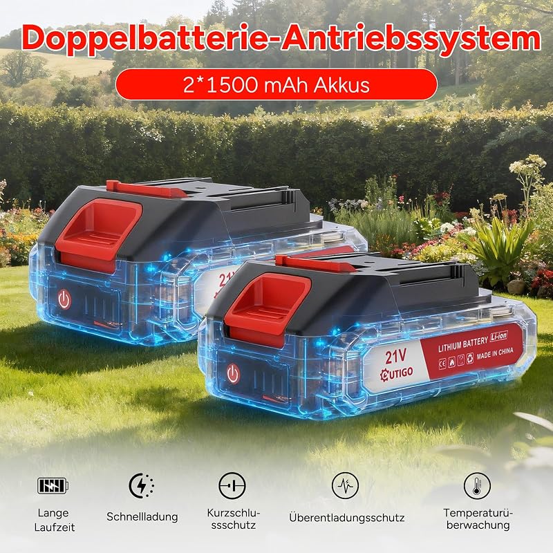 Akku Rasentrimmer mit Akku, Rasenkantenschneider mit 2 Akkus 21V und 4 Messertypen+1 Gartenschere, Verstellbarer Teleskop-Führungsholm Desbrozadoraeléctrico inalámbrico (Rot-FBA)
