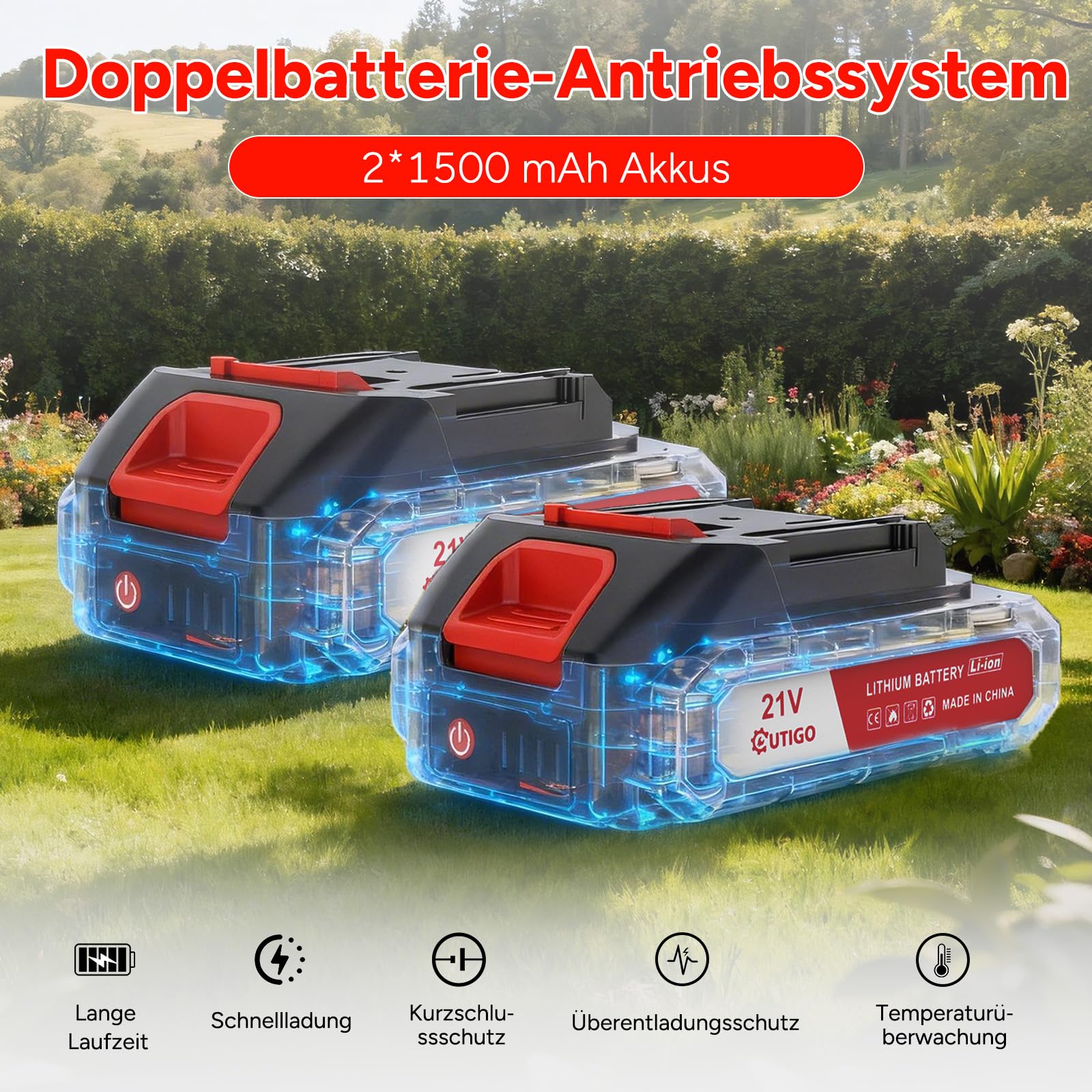 OUTIGO Akku Rasentrimmer mit Akku, Rasenkantenschneider mit 2 Akkus 21V und 4 Messertypen+1 Gartenschere, Verstellbarer Teleskop-Führungsholm Desbrozadoraeléctrico inalámbrico (Rot-FBA) 5