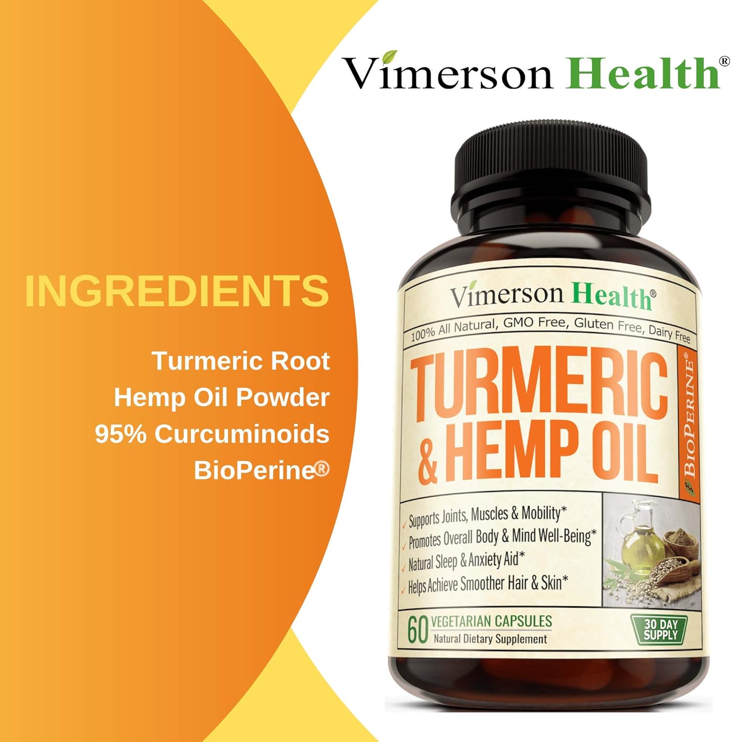 Turmeric Curcumin with Hemp Oil Powder and Bioperine. Joint Pain Relief, Anti Inflammator. Stress and Sleep Support Supplement with Curcuminoids and Black Pepper. 60 Capsules: Health & Personal Care