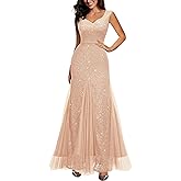 Miusol Women's Elegant V Neck Sleeveless Sequin Lace Evening Party Dress