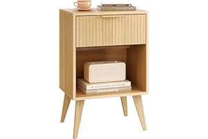 Fluted Night Stand with Opening Storage,Mid Century Bedside Table with Drawer,Wood Nightstand with Solid Wood Legs,End Table 