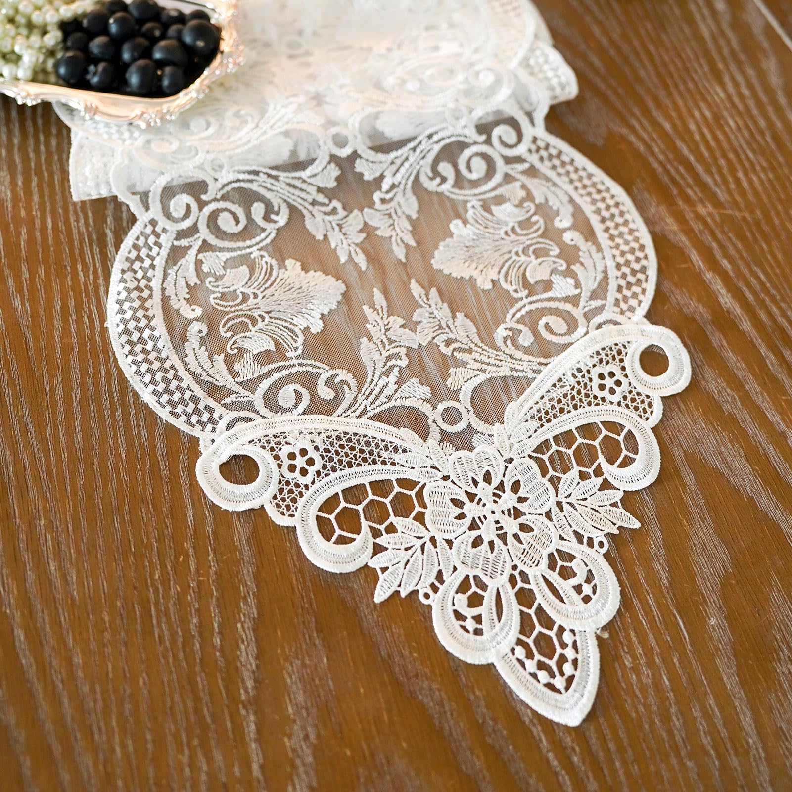Photo 1 of ARTABLE Lace Table Runner Dresser Scarf Macrame Embroidered Table Runners with Exquisite Flower Vintage Shabby Chic for Wedding Holiday Dinning (10 x 47 Inch, Offwhite-2)