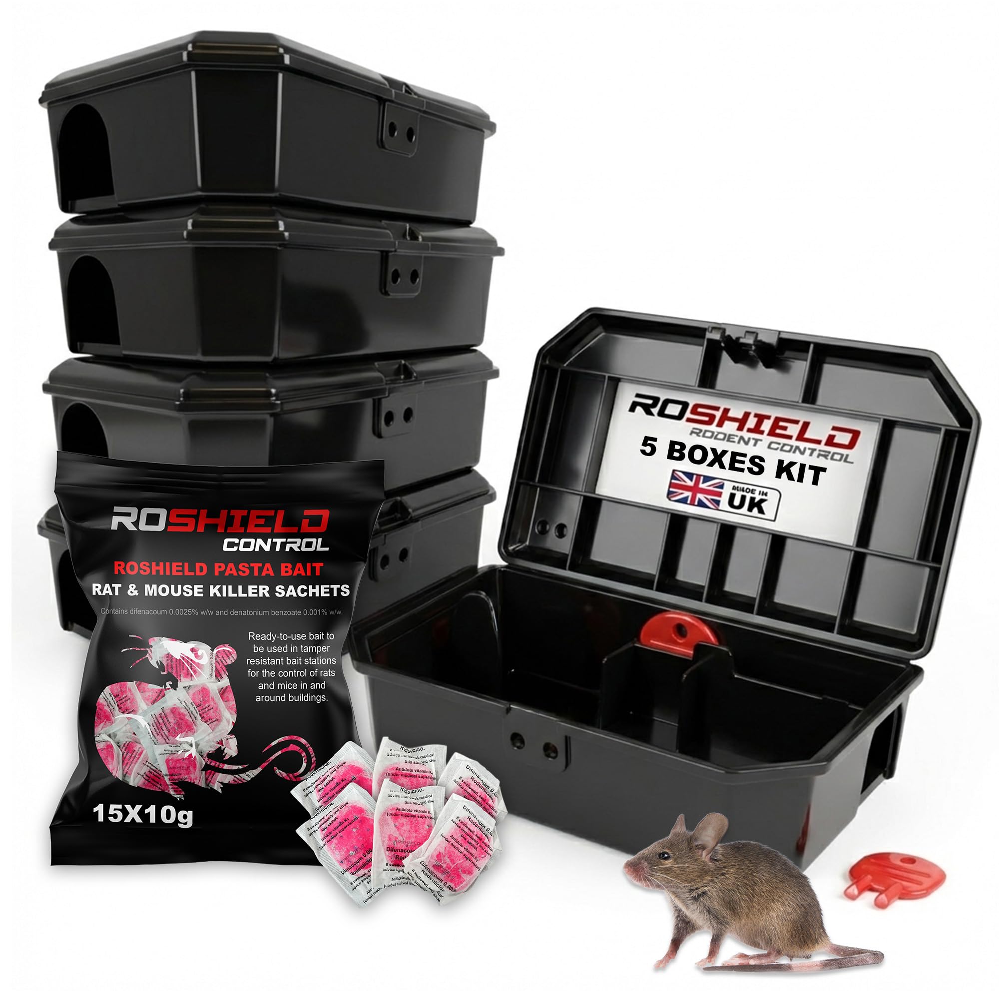 Roshield Black Tamper-Proof Mouse Bait Boxes & 15 Pasta Sachet Mice Killer Kit | Safe Control Around Children & Pets (150g Pack)