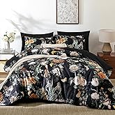 WONGS BEDDING Black Comforter Set Queen, 7 Pieces Bed in a Bag Botanical Floral Comforter Bedding Set, Soft Microfiber Comforter with Flat Sheet, Fitted Sheet, Pillow Shams, Pillowcases
