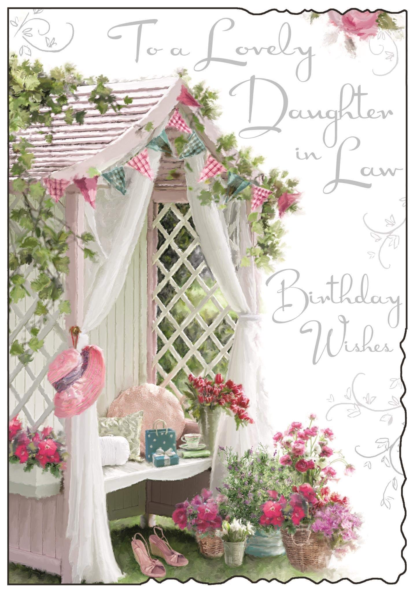 Jonny Javelin - Daughter in Law 'Happy Birthday' Card - Lovely Garden Arbour - Pink Flowers