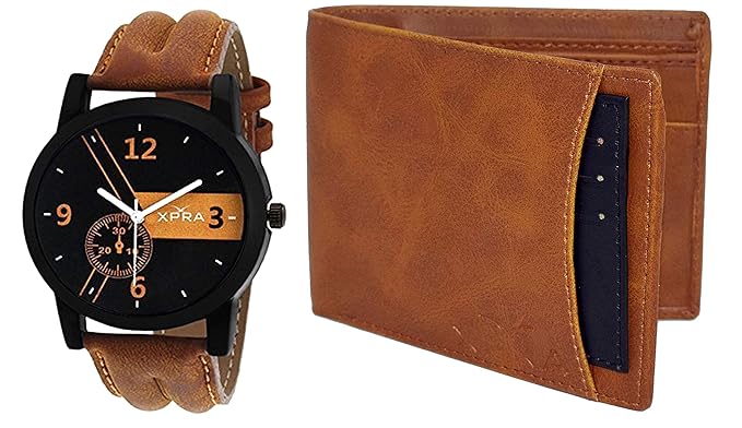 XPRA Analog Watch, Blue & Black Card Removable Genuine Leather Wallet for Men/Boys Combo (Pack of 2) - (WCH-WL-24)