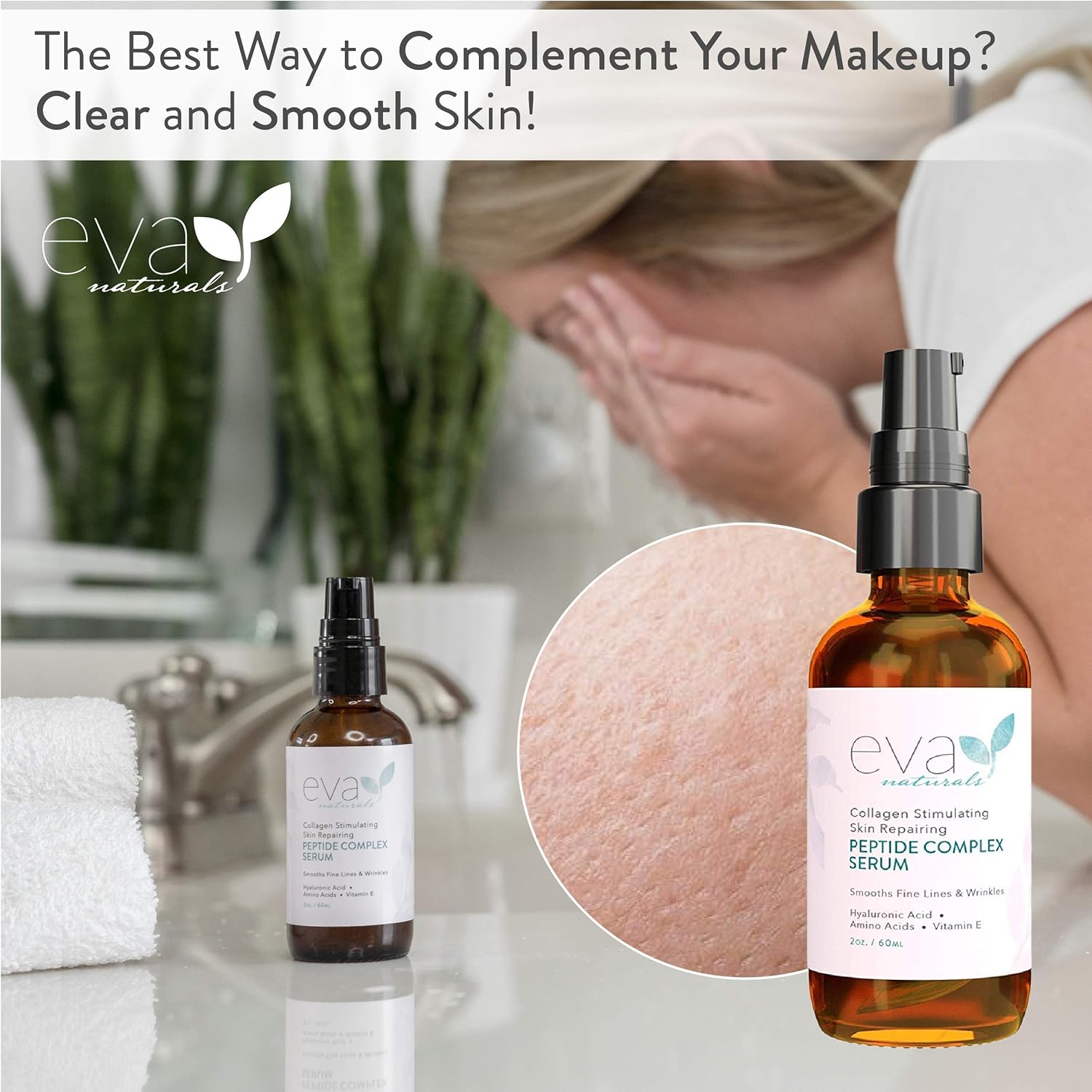 Peptide Complex Serum by Eva Naturals (2 oz) - Best Anti-Aging Face Serum Reduces Wrinkles and Boosts Collagen - Heals and Repairs Skin while Improving Tone and Texture - Hyaluronic Acid & Vitamin E: Beauty