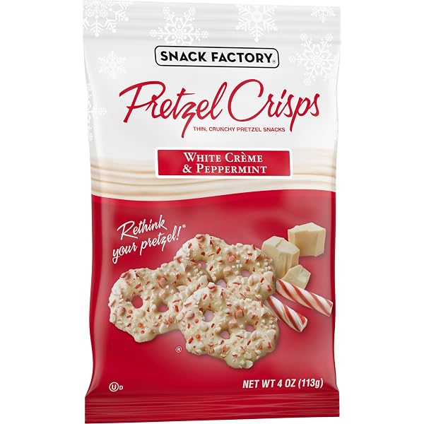SNACK FACTORY PRETZEL CRISPS, HOLIDAY WHITE CRÈME AND PEPPERMINT COVERED PRETZELS, 4 OZ