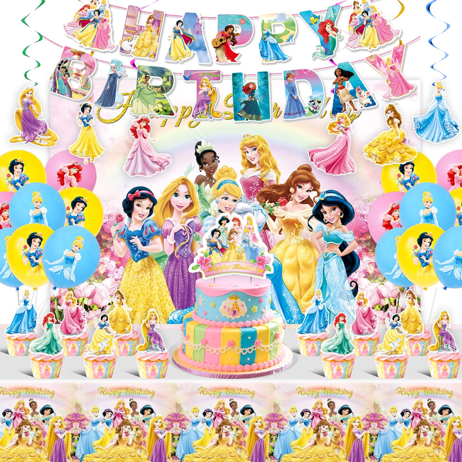 Photo 1 of Princess Birthday Party Supplies, Party Decorations Set Include Banner, Backdrop, Balloons, Hanging Swirls, Cake Cupcake Toppers, Tablecloth for Girls Princess Theme Party