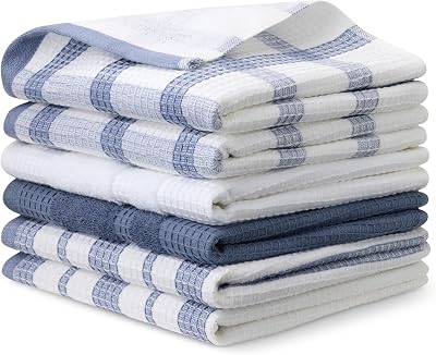 Torchons de Cuisine en 100% Coton Bio Gaufré - Ultra Absorbants, Séchage Rapide, sans Peluches, 38 x 64 cm, Lot de 6 (Assortis Bleu Marine, Blanc)