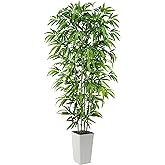 FSOHOI Artificial Bamboo Tree 6FT Tall Fake Plants Faux Bamboo Plant with White Tall Planter, Artificial Fake Trees Silk Plant with 4 Trunks and Lifelike Leaves for Home Office Indoor Outdoor Decor