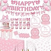 Pink Bow Party Decorations, 153Pcs Bow Birthday Party Supplies-Serves 24 with Plates and Napkins Tablecloth and Banner Balloons for Pink Girls Birthday Decorations