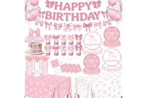 REDWORD Pink Bow Party Decorations, 153Pcs Bow Birthday Party Supplies-Serves 24 with Plates and Napkins Tablecloth and Banner Balloons for Pink Girls Birthday Decorations