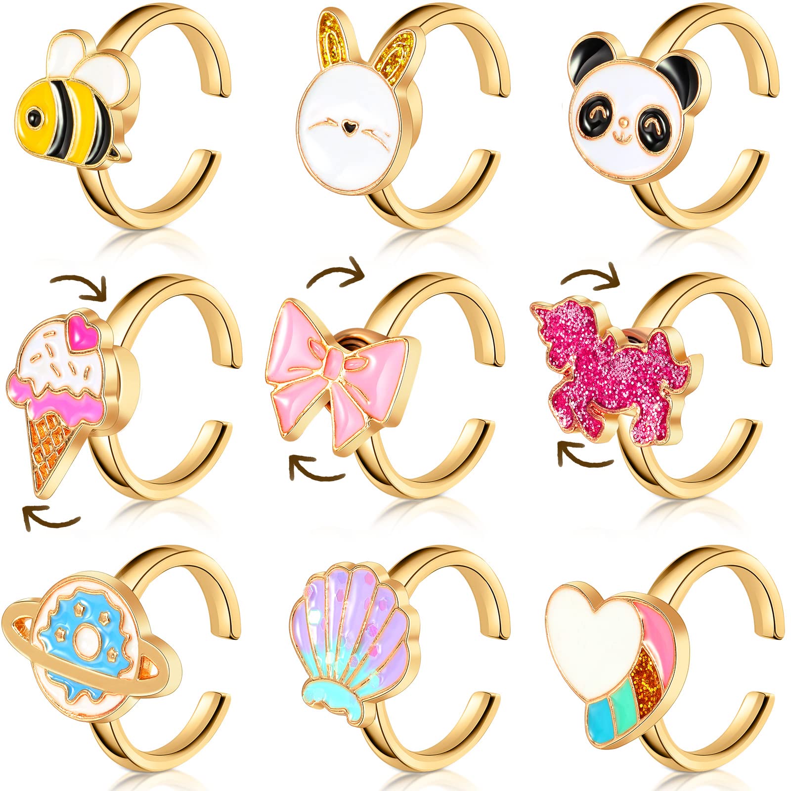 Photo 1 of 9 Pieces Fidget Anxiety Rotatable Open Ring Set Cute Spinner Rings for Anxiety Stackable Rotating Calming Worry Adjustable for Women Ladies Mood Relieve Stress(Cartoon Style)