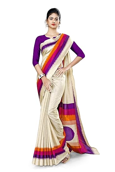 Uniform Sarees Corp Womens Gala Border Polycotton CotFeel Jewellery Showroom Uniform Saree With Blouse (Beige;Wine)