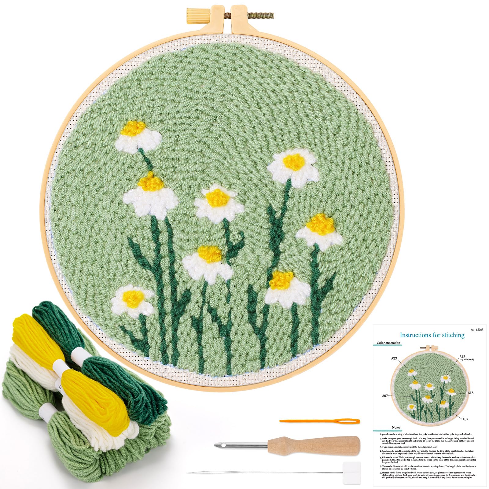 JSRQT Punch Needle Embroidery Starter Kits,Rug Hooking Kit for Kids and Adults Beginners,Handcraft Punch Needle Kits with Embroidery Hoops,Flowers and Plants Pattern