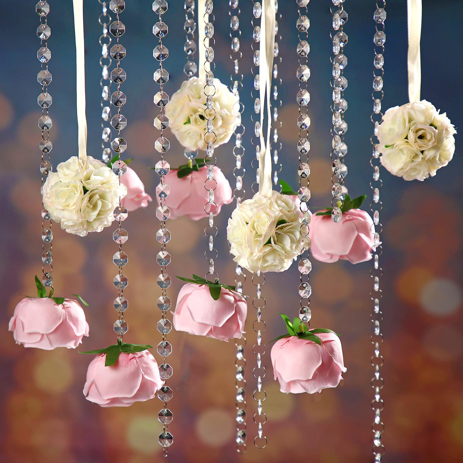 Photo 1 of Yoande 19 Pack Wedding Hanging Centerpiece Set Acrylic Crystal Garland Flower Kissing Balls Artificial Rose Crystal Gems Bead Garland Strands and Thread for Wedding Engagement Party Tree Decorations