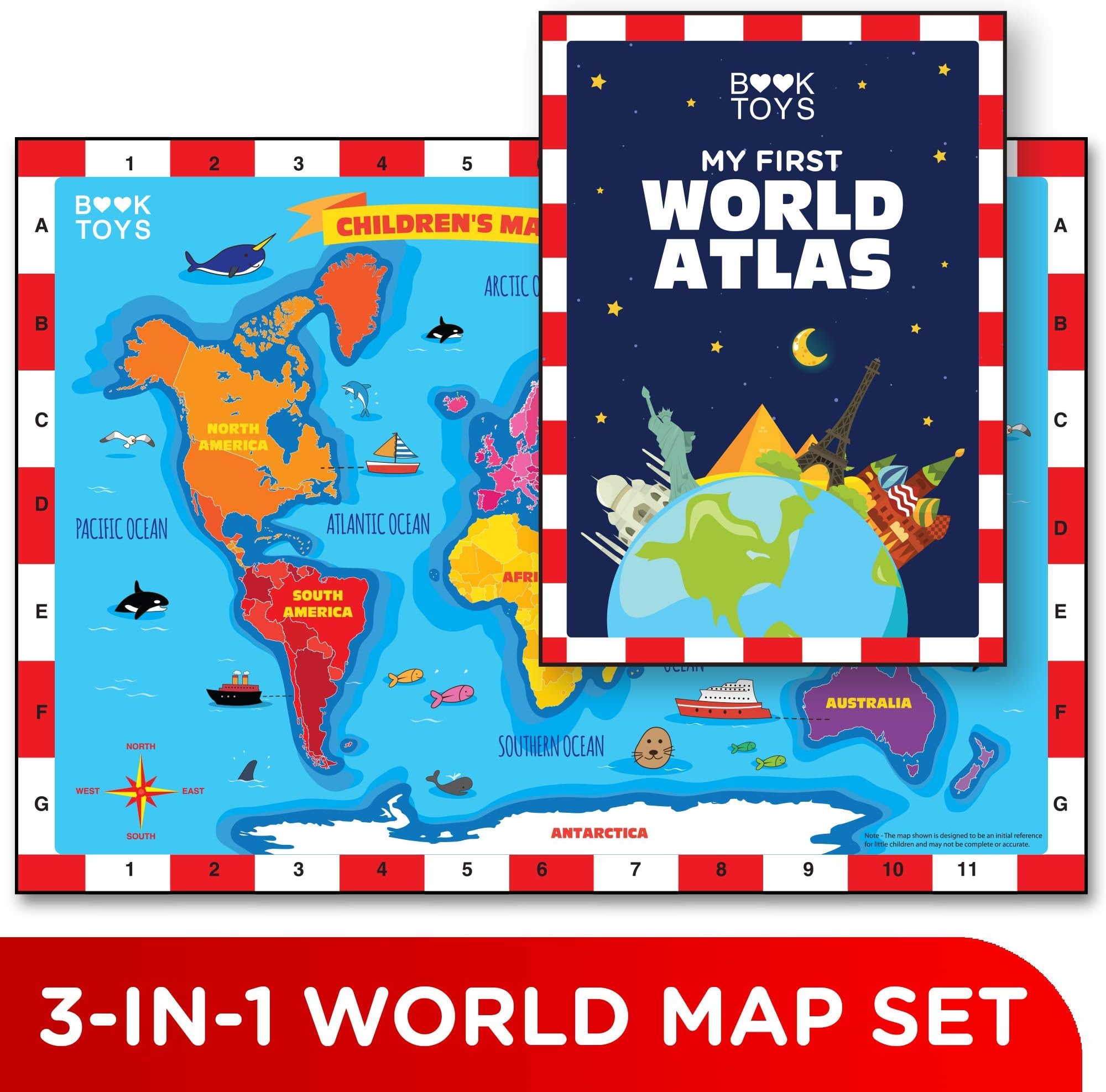 Book Toys World Map Puzzle | Set of Jigsaw World Map Floor Puzzle for Kids + World Atlas + World Map Poster | Learning & Educational Toy for Boys and Girls Ages 5,6,7,8,9,10,11 & 12