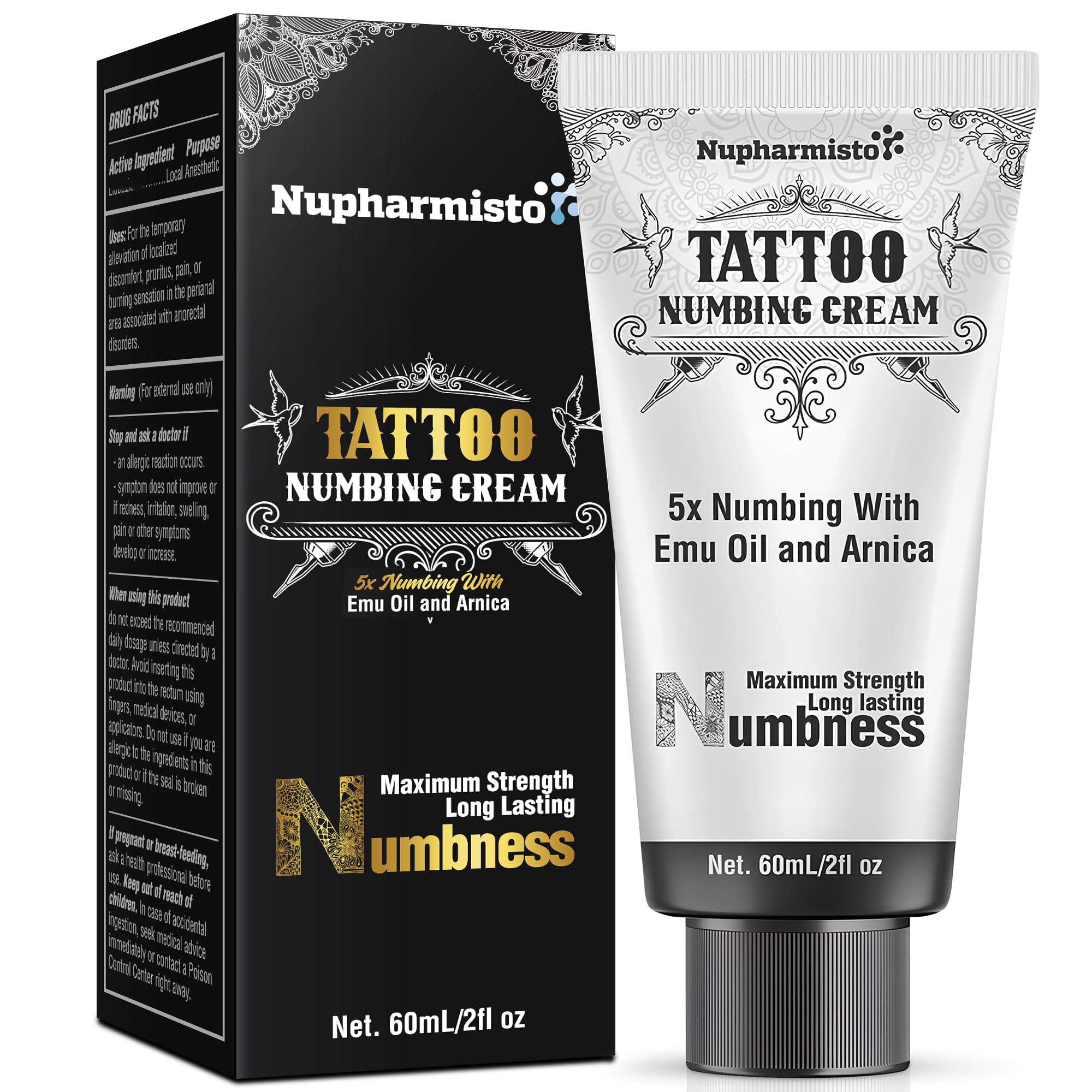 6 Hours Maximum Strength Numbing Cream Tattoo (2oz/ 60ml), Tattoo Numbing Cream for Tattoos Extra Strength with 5x Numbing, Emu Oil and Arnica. 2oz/ 60ml
