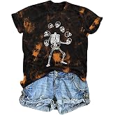 Dancing Skeleton Shirt for Women Happy Halloween T-Shirt Short Sleeve | Women Halloween Shirts Funny Skeleton Graphic Tees Fall Tshirt Casual Halloween Party Gifts Tops