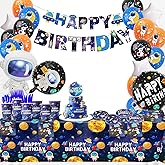 YLINKZORMA 100pcs outer space themed party decorations, Includes Plates, Cups, Napkins, Cupcake Toppers, Tablecloth, Astronaut Balloons, Space Birthday Decorations for Boys