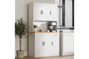 DIYART White Kitchen Pantry Cabinet, 71" Tall Kitchen Storage Cabinet with Power Outlet, Freestanding Kitchen Hutch with countertop