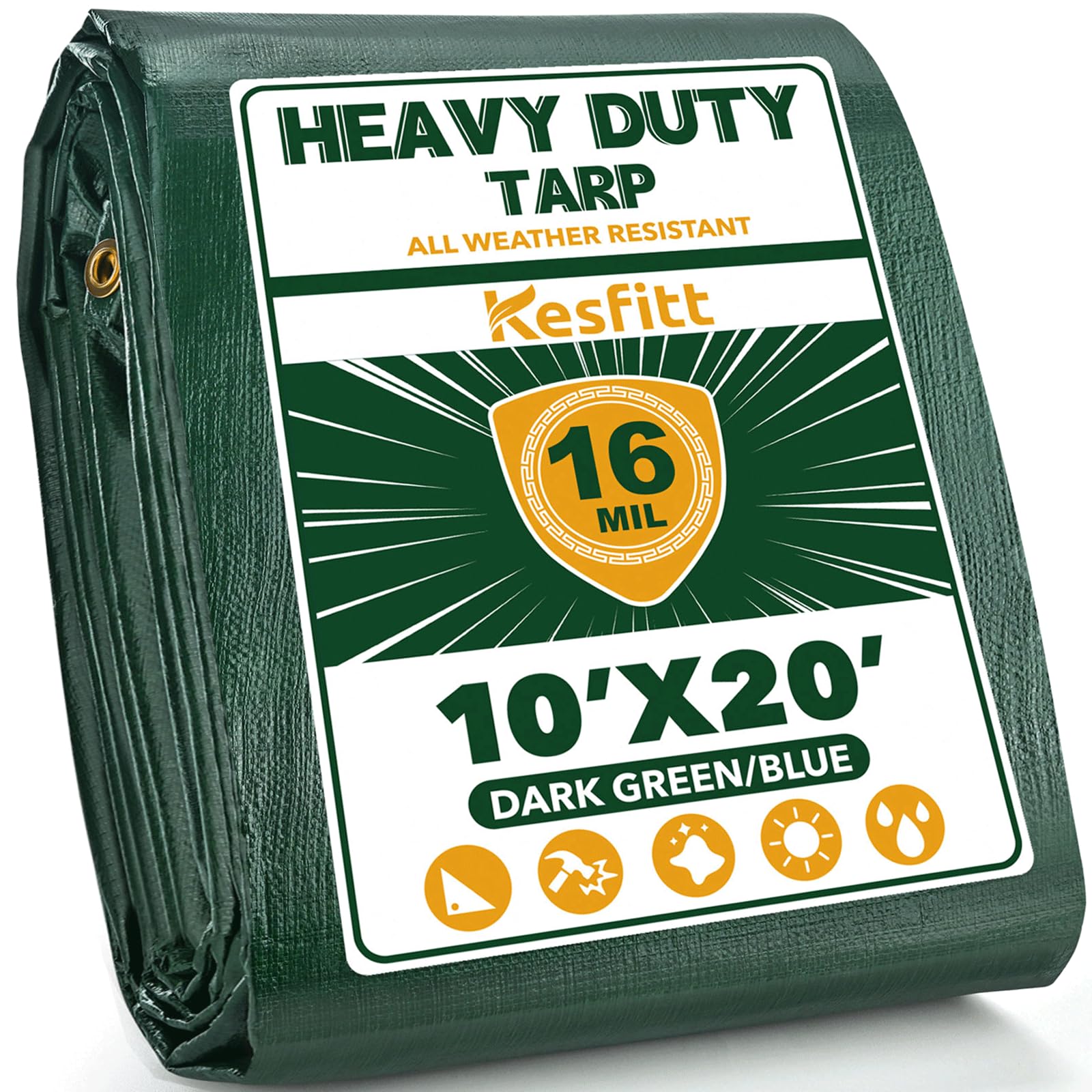 Photo 1 of Kesfitt Tarp Heavy Duty Waterproof 10x20FT,16 Mil Thick Tarps Tear&Fade Resistant,UV Resistant,Poly Tarp Cover with Grommets and Reinforced Edges for Outdoor Camping Pools Boat Car(Green/Blue)