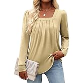 Funlingo Women's Puff Long Sleeve Tops Dressy Casual Square Neck Pleated Work Blouse Fall Trendy Tunic Flowy Chiffon Shirts