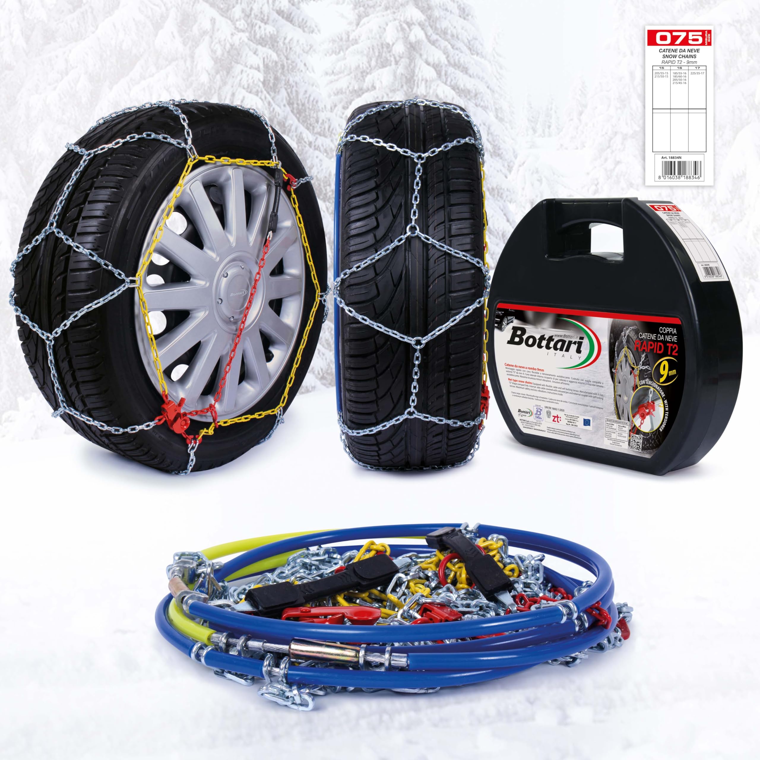 Bottari 18834 "Rapid T2", 9 mm car passenger snow chains, TUV and ONORM approved, Size 075