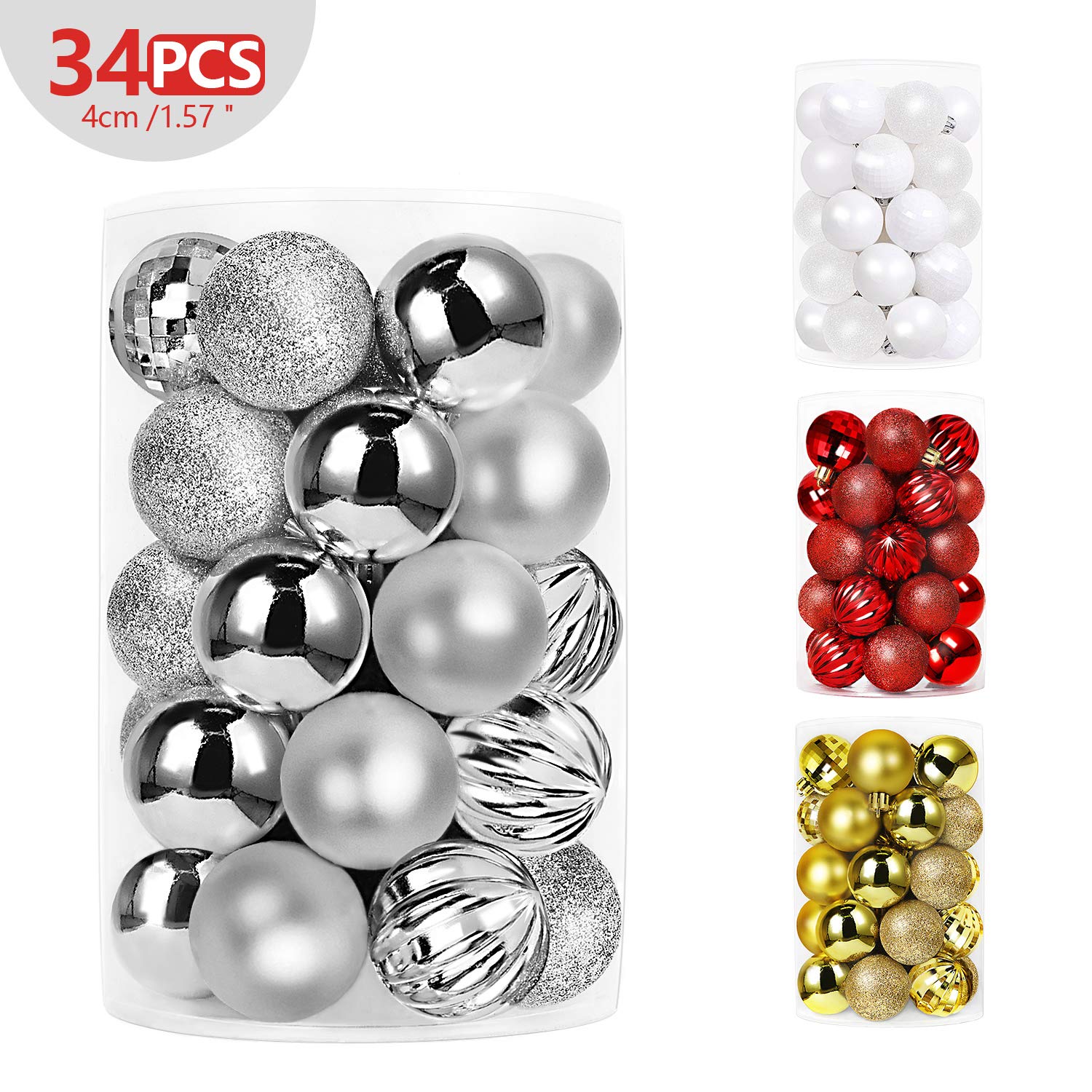 SHareconn 34ct 1.57" Christmas Balls Ornaments Shatterproof Christmas Tree Decoration Ball for Family Holiday Party ,Tree Ornaments Hooks Included (40mm Silver)