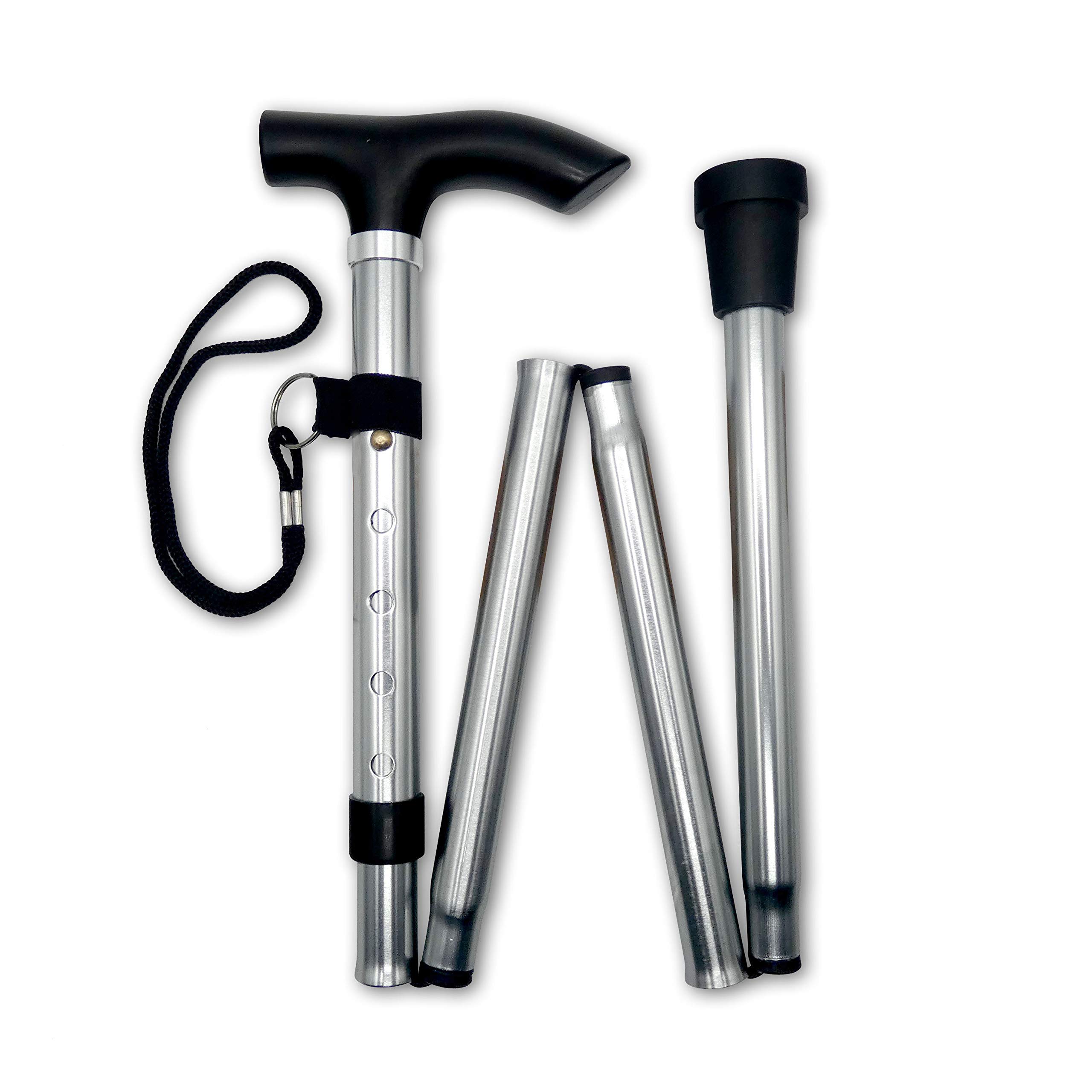 Life Healthcare Folding Walking Stick–Adjustable Height Lightweight Aluminium Cane for Elderly Disabled Men & Women–Non-Slip Rubber Tip Ergonomic Handle & Travel-Friendly Design (Silver)